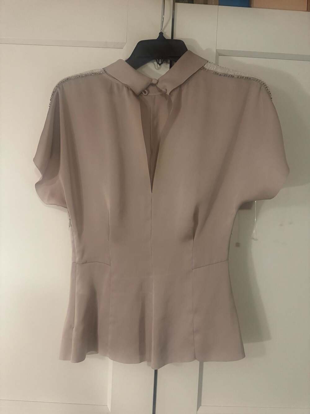 REISS Beaded Shoulder Silk-Blend Peplum Top in Taupe